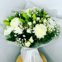 Rose, Disbud, Lilies, White fresh flowers, Deluxe design, vase included, Condolence