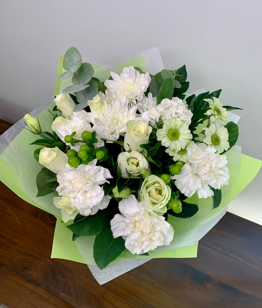 Rose, Eucalyptus, Gum, Hypericum berry, Green and white flowers, Centenary Memorial Gardens