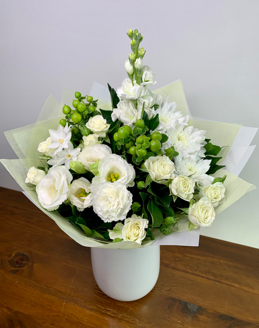 White and green flowers, sympathy bouquet, classic design, Flowers Cemetery in Sumner